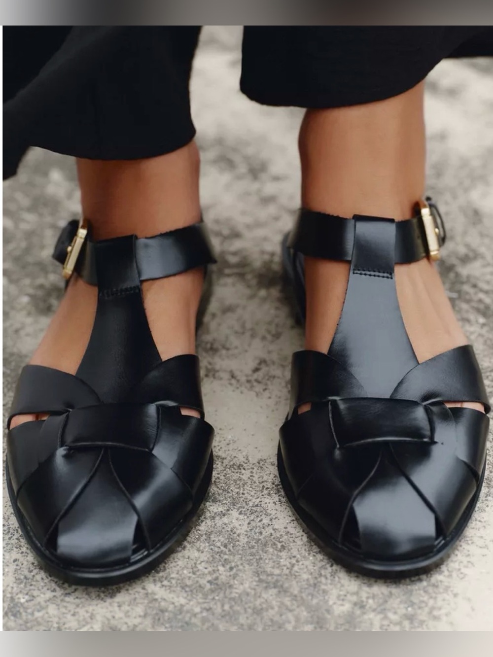 Zara Women’s Leather Fisherman Caged Flat Sandals Size 38 (7.5) Black Gladiator